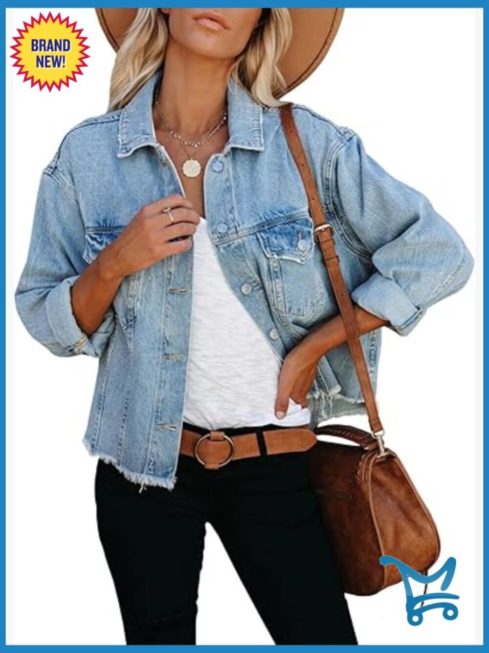 Vintage Washed Cropped Denim Jacket Button Up with Pockets